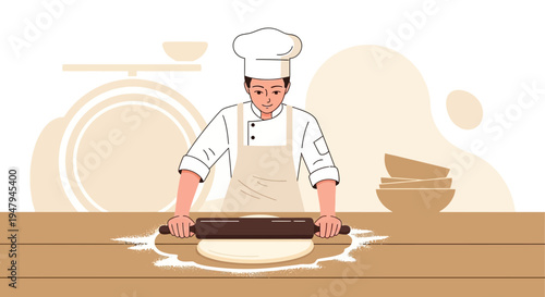 Chef rolling out dough with a rolling pin on a wooden table, preparing food