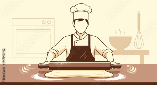 Chef rolling dough with rolling pin, baking preparation, kitchen scene, culinary art