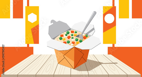 Chinese Takeout Box Filled with Fried Rice and Vegetables, Fork Included