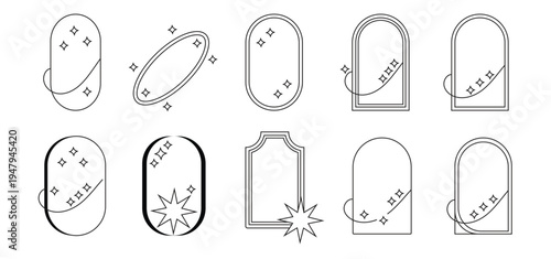 Set of minimalist linear frames with stars, modern aesthetic line y2k elements, decorative sparkle borders.  and decorative retro labels collection isolated on white background. vector illustration.