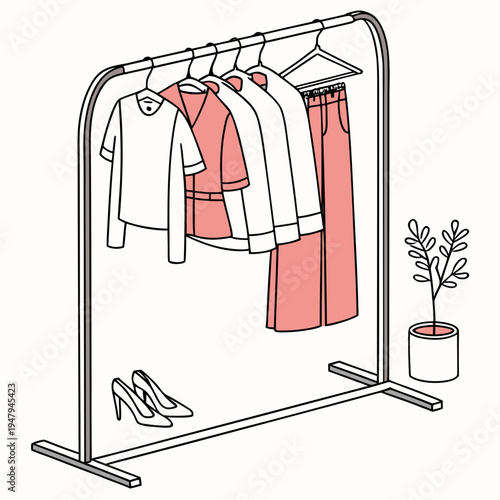 Clothing rack with outfits and shoes - minimalist style with line art