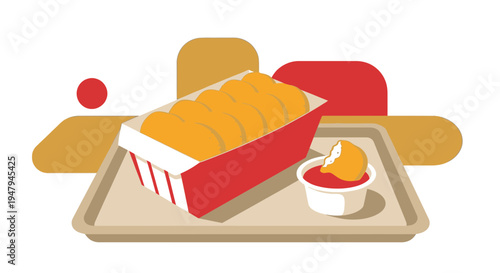 Chicken Nuggets with Ketchup Dip on a Tray, Fast Food Meal Illustration