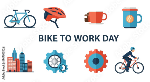 Illustration with bicycle icons helmet coffee cups gears city and cyclist for Bike to Work Day