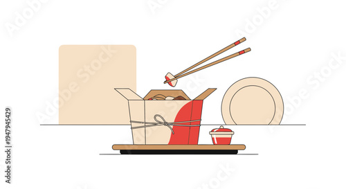 Chinese Takeout Food Box with Chopsticks and Plate