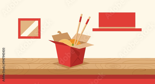 Chinese Takeout Box with Noodles and Chopsticks on Table, Minimalist Illustration