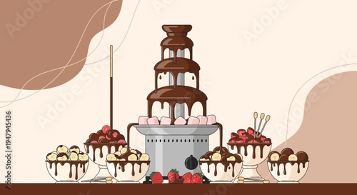 Chocolate Fountain Dessert Station with Fruits and Marshmallows