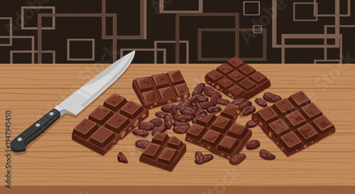 Chocolate Bars Broken and Chopped with Knife on Wooden Table, Delicious Dessert Ingredient