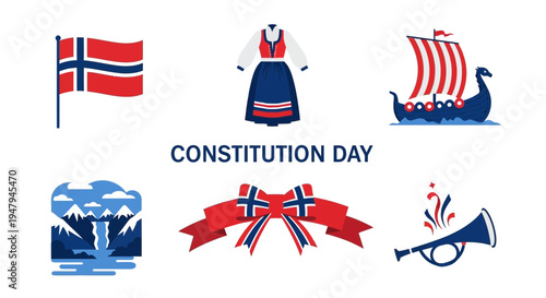 Norwegian Constitution Day graphics flag folk dress Viking ship landscape bow and trumpet