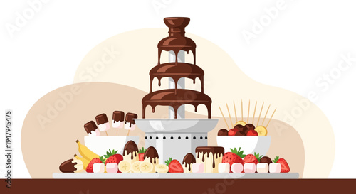 Chocolate Fountain with Fruits and Marshmallows for Dessert Party