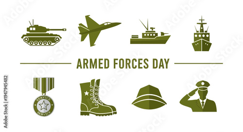 Olivegreen icons celebrating Armed Forces Day including vehicles gear and a saluting service member