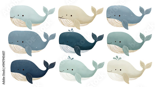 Charming Set of Illustrated Whales in Various Shades of Blue and Cream, Perfect for Nautical Decor and Children's Themes