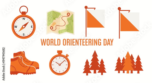Vector graphic illustration for World Orienteering Day with compass map flags boots stopwatch and trees