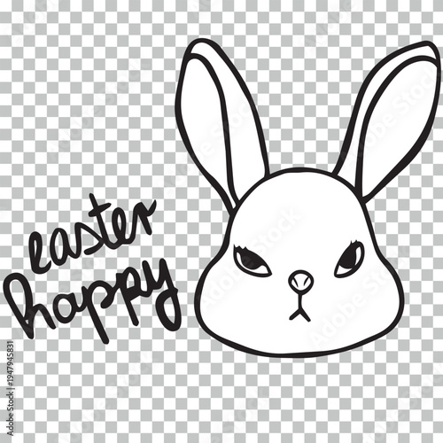 Hand drawn, slightly annoyed easter bunny with hand written wording, easter happy illustration.