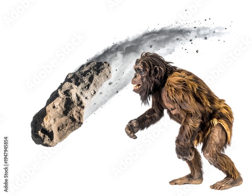 Hairy hominid watches a large asteroid hurtling through space, smoke trailing behind, against a stark white backdrop