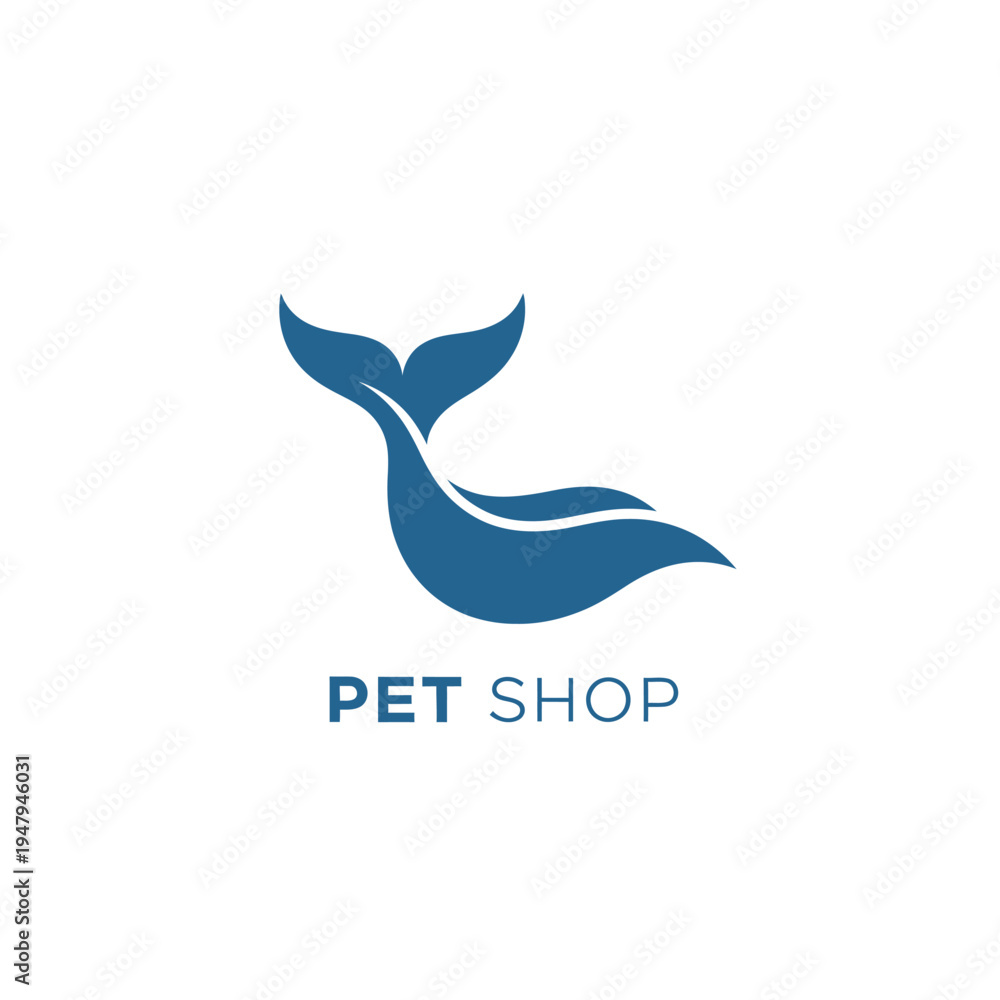 Obraz premium Blue pet shop logo vector image, simple flat design concept with whale tail symbol
