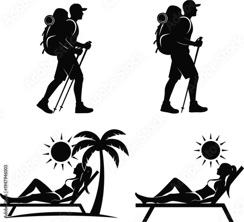 Hiker trekking silhouette and woman sunbathing on beach chair set, summer vacation relaxation and outdoor adventure travel concept vector illustration