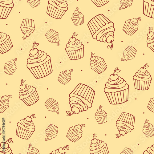 Vector seamless pattern featuring linear cherry-topped cupcakes on a yellow background