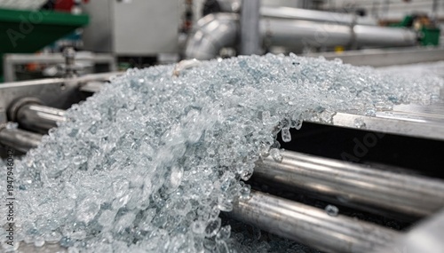 Medium shot of clear regrind plastic pellets smoothly flowing on a conveyor belt ready to be reincorporated into the production line for sustainable manufacturing.