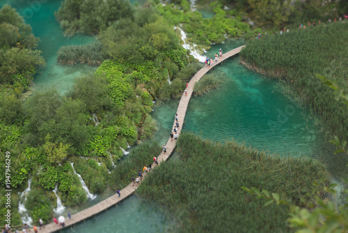 Valokuva Aerial view of the iconic wooden boardwalk winding through the turquoise lakes o