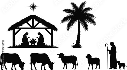 Nativity scene silhouette set with holy family in stable, star of Bethlehem, palm tree, shepherd with crook, grazing cows, and woolly sheep,