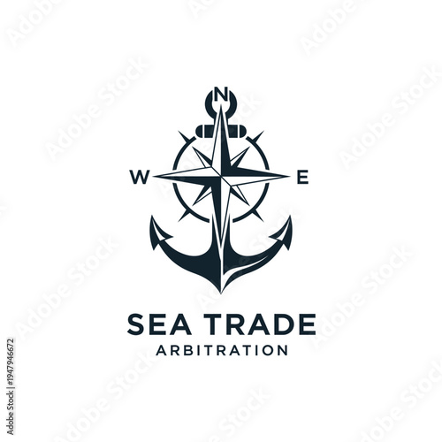 Sea Trade Arbitration Anchor and Compass Rose Logo, Global Maritime Navigation and Dispute Resolution Symbol, Isolated White Background.