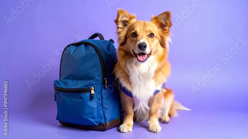 Happy fluffy ginger dog sitting next to a blue backpack on a solid purple background ready for school or adventure