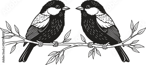 Two birds perched on a branch facing each other