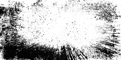 Explosive Black and White Starburst Background with Radiating Distressed Halftone Dots and Grunge Texture.