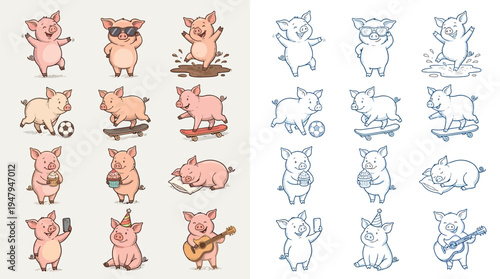 Collection of cute cartoon pigs in various playful poses and activities, presented in both color and line art.