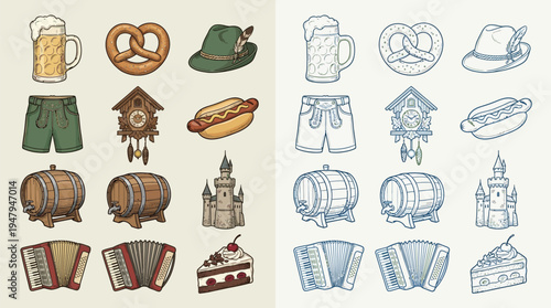 Collection of colorful and sketched icons representing Bavarian culture and Oktoberfest traditions, including beer mugs, pretzels, and lederhosen.