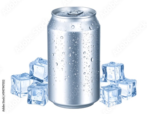 Icy condensation covers a tall aluminum can surrounded by frozen cubes, set against a bright, white backdrop