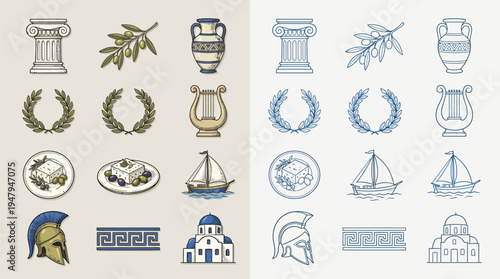 Collection of Greek cultural icons including columns, olive branches, amphorae, laurel wreaths, lyres, feta cheese, sailboats, helmets, meanders, and churches.