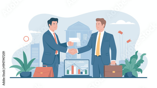 Two businessmen shaking hands in front of a city skyline with a laptop and briefcases