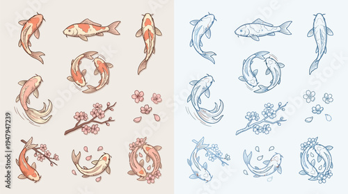 Collection of hand-drawn illustrations featuring koi fish and cherry blossoms in various artistic arrangements and poses, presented in both warm and cool color palettes.