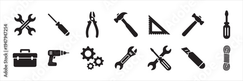 Tools and Service icons set. Wrench, screwdriver and gear icon. Screwdriver and wrench glyph icon. Settings and repair, service sign - stock vector.
