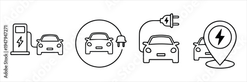 Electric car charging icon set. EV station, plug, socket, hybrid car, black electric car with plug symbol on white background - stock vector.