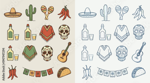 A collection of colorful and monochrome Mexican cultural icons, including cacti, sombreros, maracas, chili peppers, tequila, ponchos, sugar skulls, guitars, and tacos, presented in a grid layout.