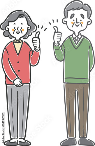 グッドサインをするシニア夫婦　全身　ベクター