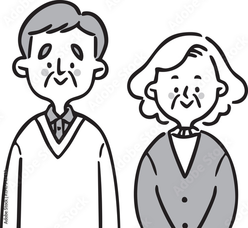 シニア夫婦　上半身　ベクター（モノクロ）
