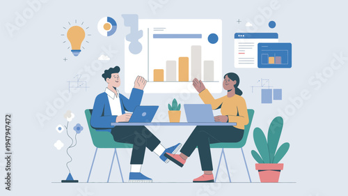 Two colleagues high-fiving in a modern office with laptops and graphs on the wall