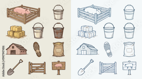 Collection of farm-related illustrations including animals, tools, and structures in both color and line art styles.