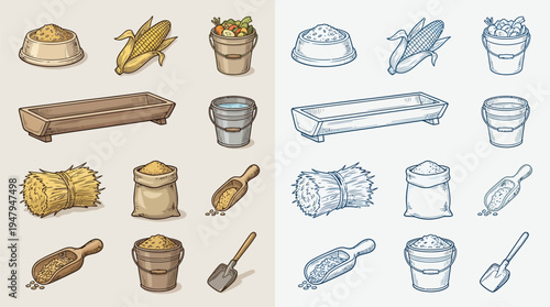 Collection of farm-related items, including feed bowls, corn, buckets, hay bales, and scoops, presented in both color and sketch.
