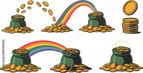 Pot of gold at the end of rainbows with coins spilling out and stacked coins
