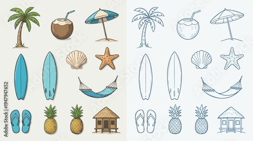 Collection of tropical beach vacation icons including palm trees, coconuts, surfboards, and beach huts.
