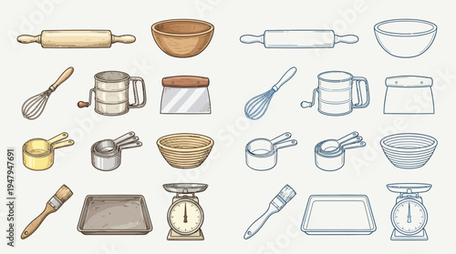 A collection of baking tools and kitchen utensils, including rolling pins, whisks, measuring cups, bowls, and scales.