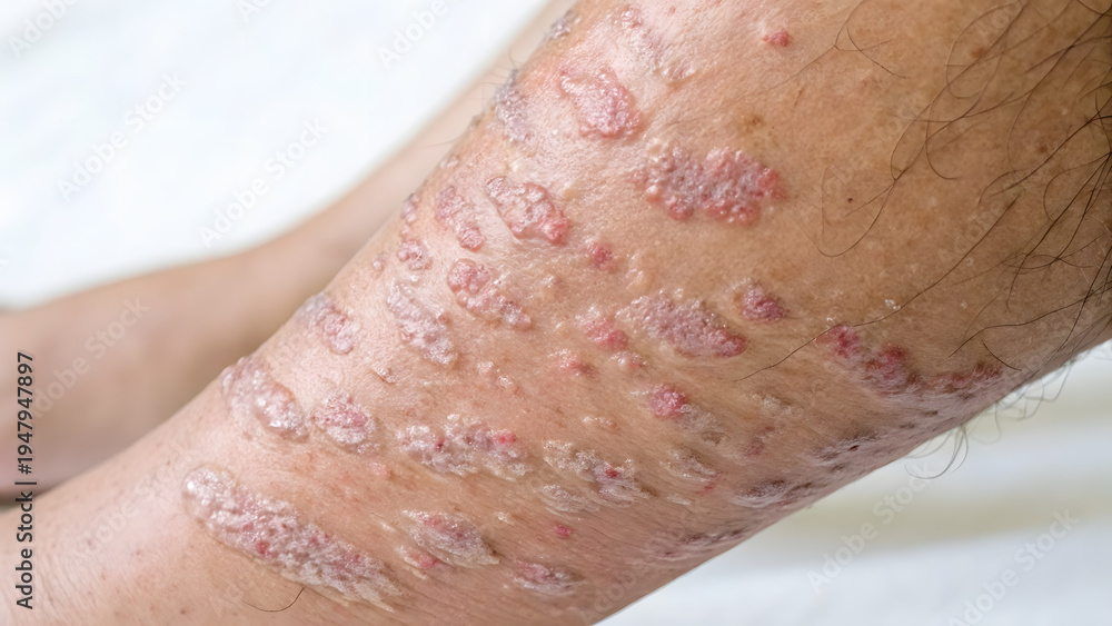 Fototapeta premium Close up view of human calf skin affected by psoriasis