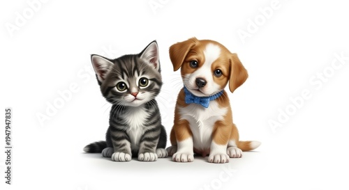 A cute tabby kitten and a brown and white puppy with a blue bow tie sitting together on a white background.