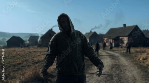 Dark Chase Unfolds. Sneaky Thief Faces Threats Nearby. Cloaked Figure Advances Across Rough Rural Road
