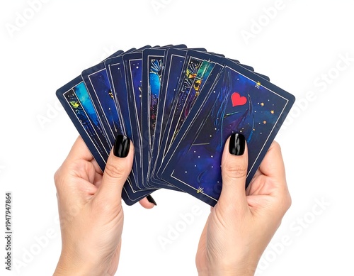 Hands holding a fan of blue-backed cards, one showing a red heart design. Isolated on a clean white background