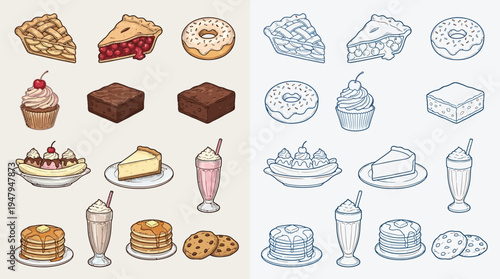 A collection of colorful and line-art illustrations of various desserts and breakfast items, including pies, donuts, cupcakes, brownies, banana splits, cheesecakes, milkshakes, pancakes, and cookies.